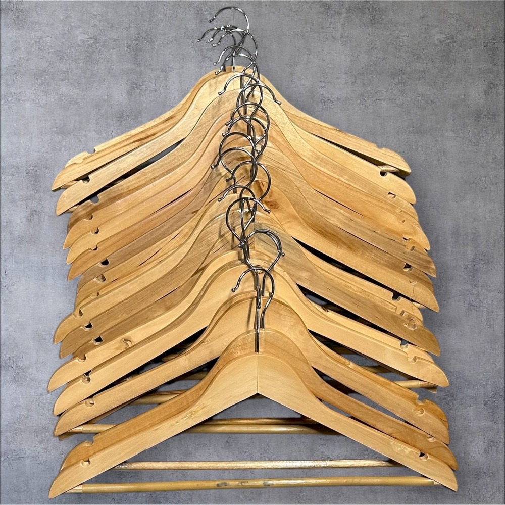 Set of 12 Natural Wood‎ Hangers with Notches and Trouser Bar